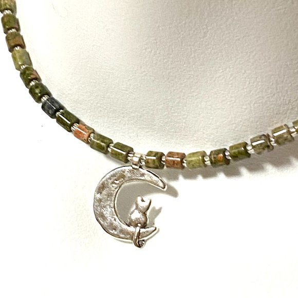 Unakite Stone Silver Cat on the Moon Necklace, Genuine Gemstone Beaded Necklace - Picture 3 of 10
